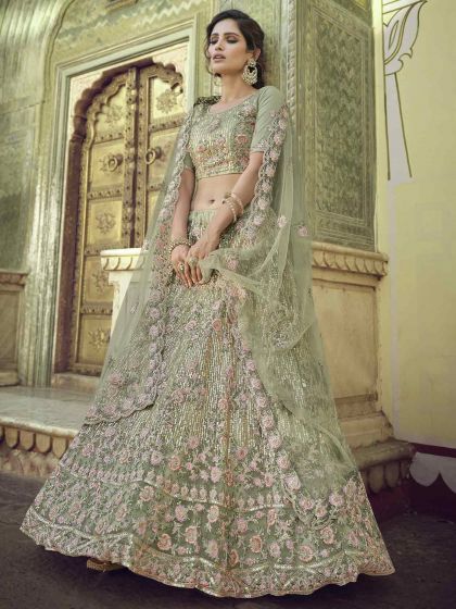 Net Fabric Women Lehenga Choli Green Colour.