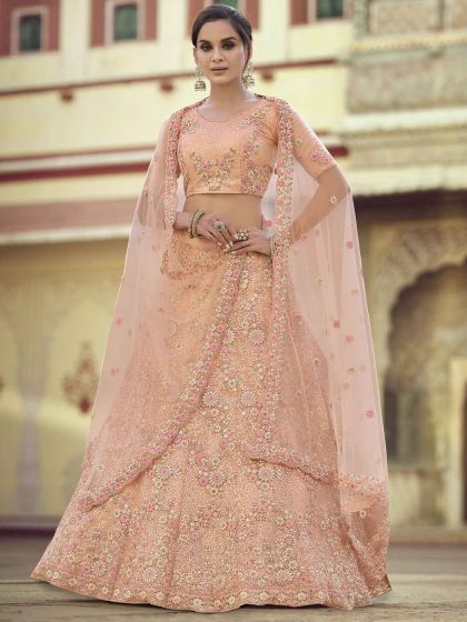 Peach Colour Net Fabric Wedding Lehenga Choli.