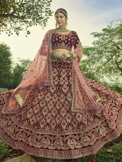 Bridesmaid Lehenga Choli Maroon Colour Velvet Fabric.