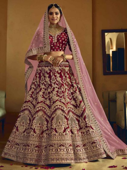 Maroon Colour Velvet Fabric Bridal Lehenga Choli.