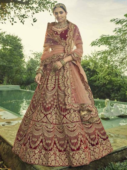 Velvet Fabric Wedding Lehenga Choli Maroon Colour.