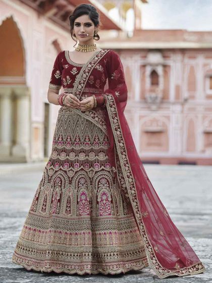 Velvet Fabric Wedding Lehenga Choli Maroon Colour.