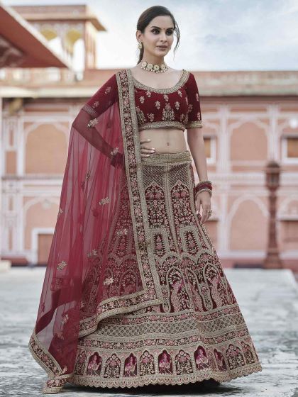 Maroon Colour Designer Lehenga Choli in Velvet Fabric.