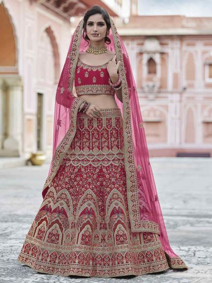 Pink Colour Velvet Fabric Wedding Lehenga Choli.