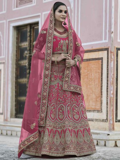 Pink Colour Velvet Fabric Lehenga Choli With Embroidery,Hand Work.