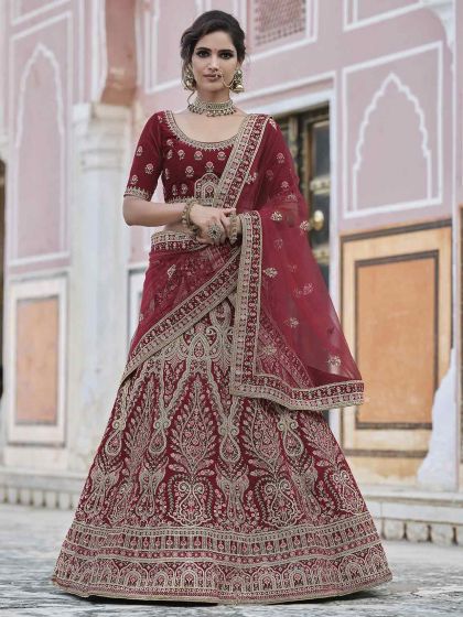 Maroon Colour Velvet Fabric Women Lehenga Choli.