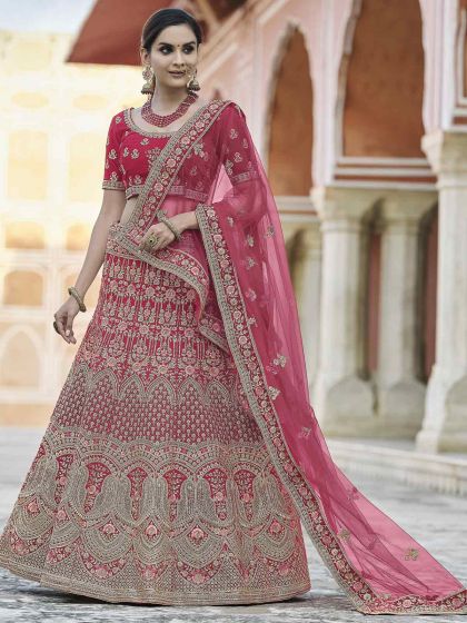 Pink Colour Bridal Lehenga Choli Velvet Fabric With Embroidery,Hand Work.