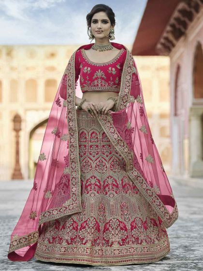 Heavy Designer Lehenga Choli Pink Colour in Velvet Fabric.