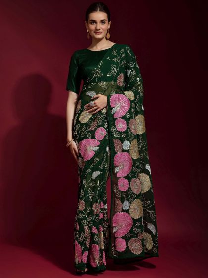 Green Embroidered Saree In Banglori Silk