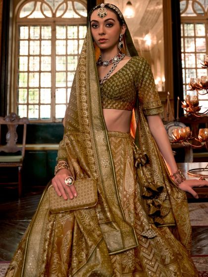 Green Woven Wedding Wear Lehenga Choli