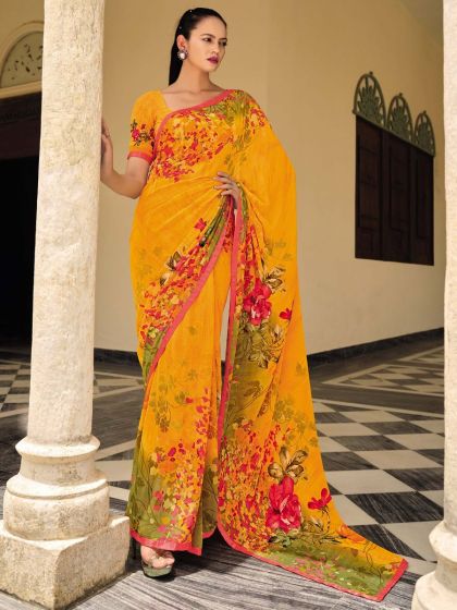 Yellow Floral Printed Saree In Georgette