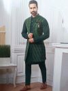 Stylish Designer Long Kurta Pajama Jacket Green Colour Imported Fabric.