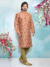 Peach Colour Indian Designer Kurta Pajama in Brocade Silk Fabric.