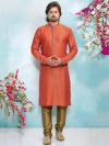 Orange Colour Brocade Silk Men's Kurta Pajama.