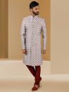 Off White,Maroon Colour Banarasi Silk Fabric Mens Designer Sherwani.