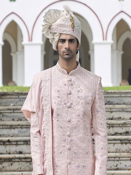 Baby Pink Stone Augmented Mens Sherwani With Stole