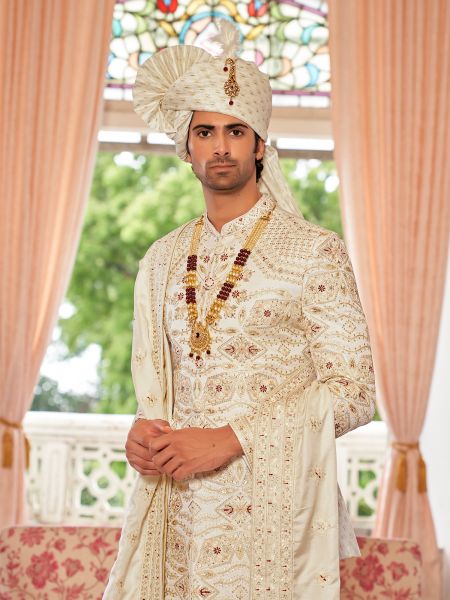 Cream Thread Embroidered Mens Wedding Sherwani