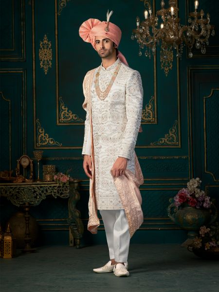 White Achkan Style Stone Embellished Wedding Sherwani