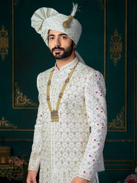 White Achkan Styled Thread Embroidered Mens Sherwani