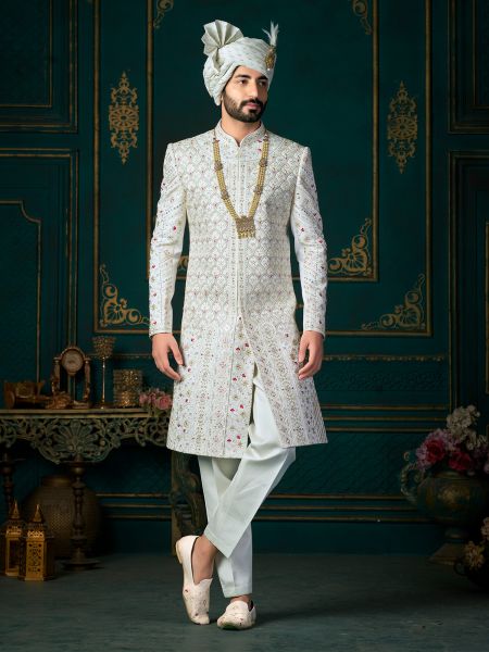 White Achkan Styled Thread Embroidered Mens Sherwani