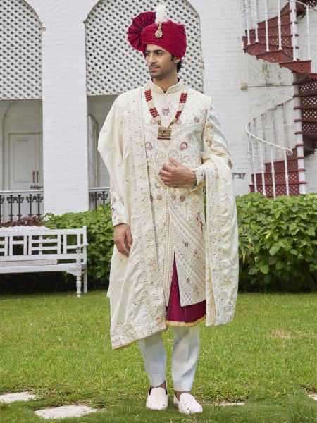 White Anarkali Style Heavy Thread Embroidered Sherwani