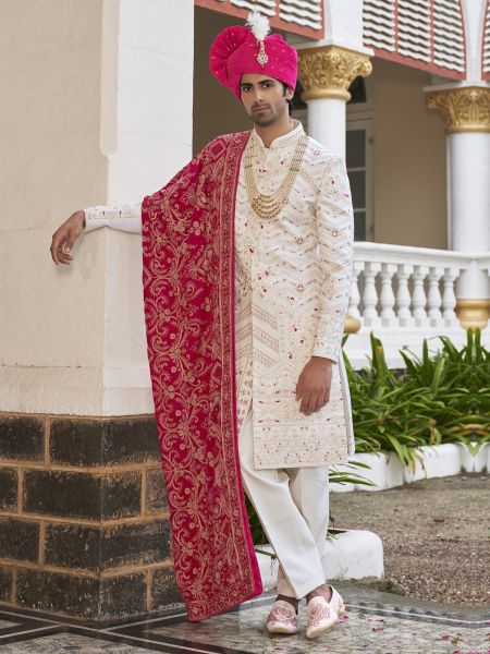 White Men's Wedding Sherwani In Thread Embroidery