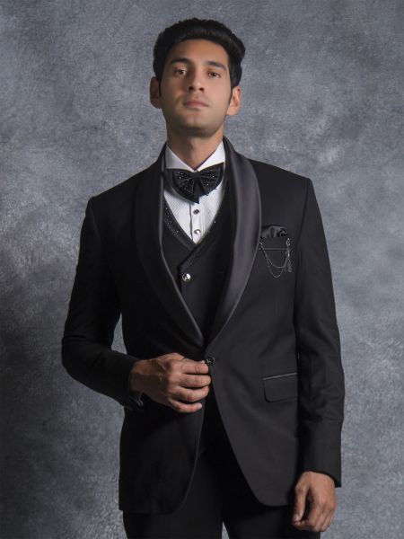 Black Cocktail Three Piece Suit For Mens In Terry Rayon