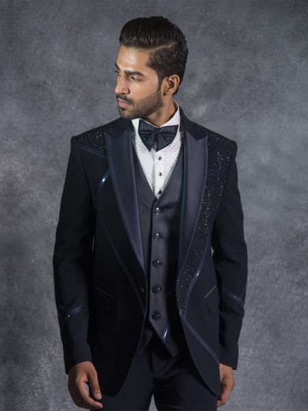Blue Mens Tuxedo Suit In Italian Fabric With Cutdana Embroidery