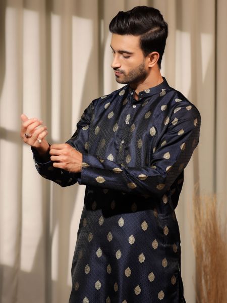 Navy Blue Readymade Kurta Pyjama In Weaving