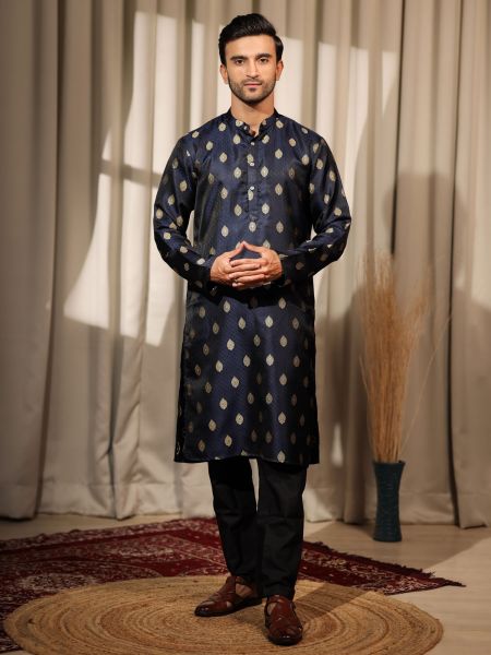 Navy Blue Readymade Kurta Pyjama In Weaving