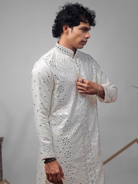Off White Sequins Embellished Kurta Set