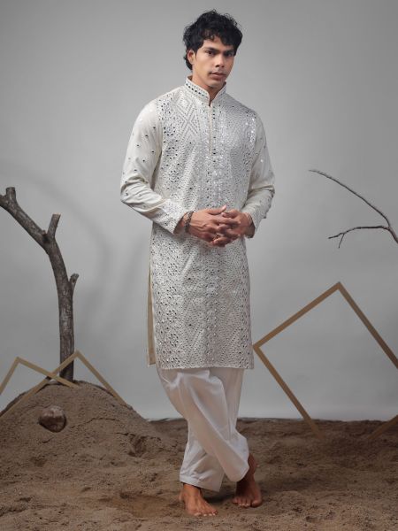 Off White Sequins Embellished Kurta Set