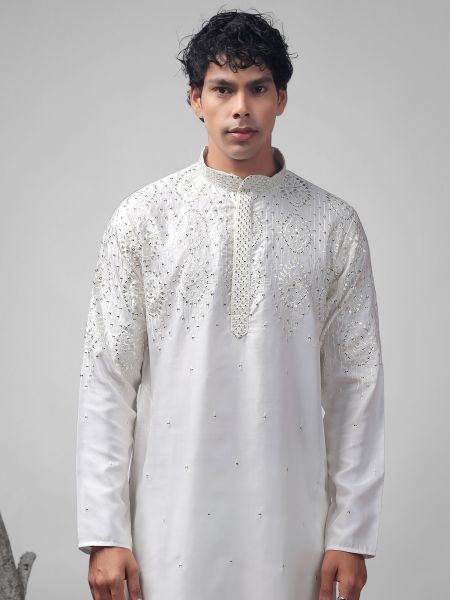 Off White Readymade Kurta Set In Sequins Work