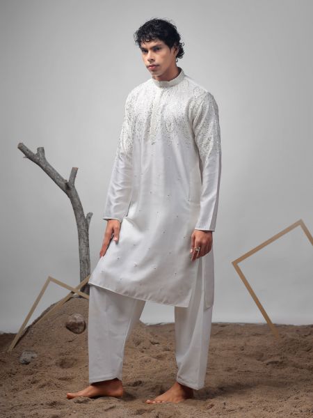 Off White Readymade Kurta Set In Sequins Work