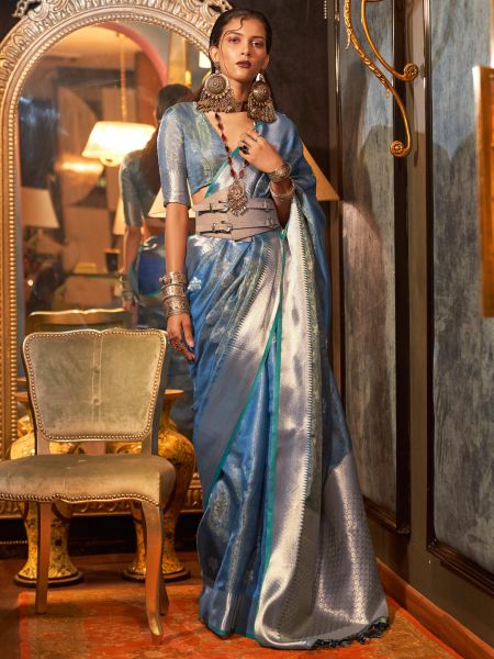 Blue Party Wear Saree With Zari Weaves
