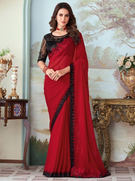 Red Cocktail Wear Embroidered Saree In Silk
