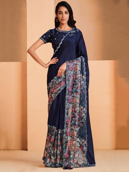 Blue Sequins Embellished Saree In Satin