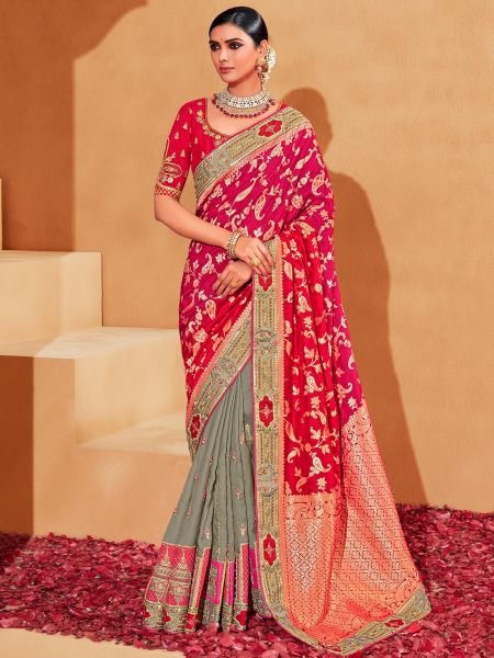 Multicolor Half N Half Embroidered Saree In Silk