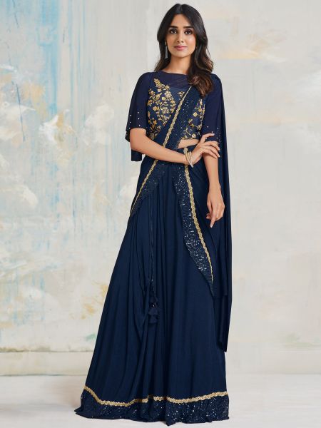 Blue Lehanga Style Saree In Lycra