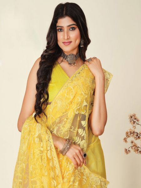 Yellow Thread Work Embellished Saree In Chinon Silk