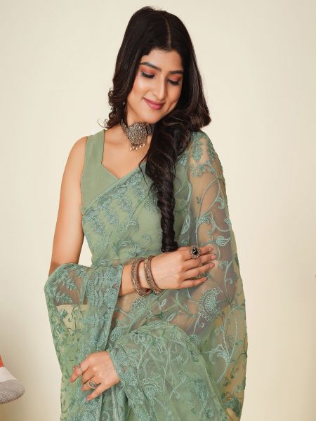 Green Festive Wear Saree In Thread Embroidery