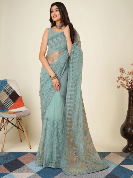 Blue Festive Thread Embroidered Saree In Chinon Silk