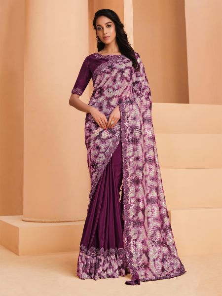 Wine Party Wear Saree In Crepe Satin With Sequined Pallu