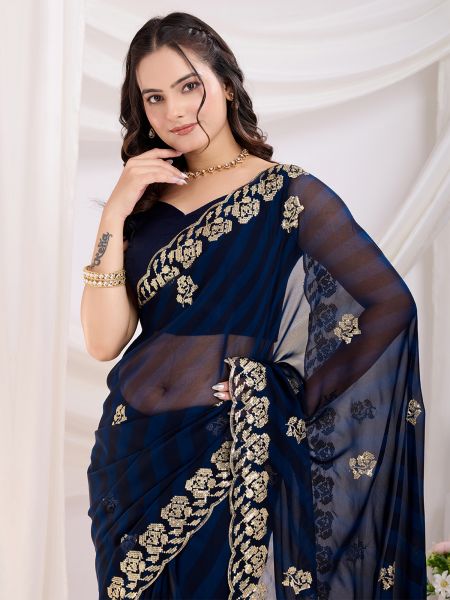 Navy Blue Printed Party Wear Saree With Blouse