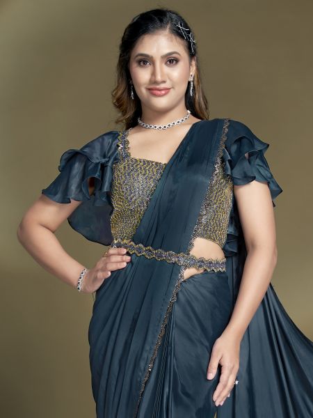 Blue Party Wear Readymade Saree In Ruffle Style