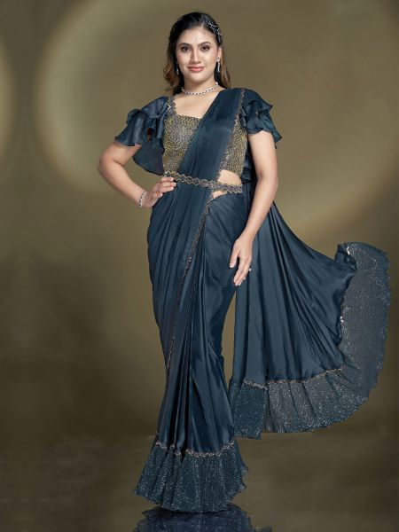 Blue Party Wear Readymade Saree In Ruffle Style