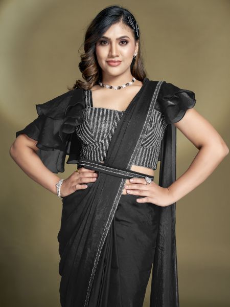 Black Readymade Saree With Embroidered Borders