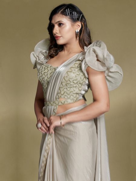 Grey Wedding Wear Ruffle Saree In Satin Silk