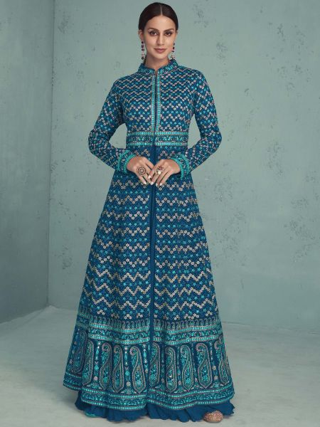 Blue Thread Embroidered Salwar Suit In Georgette