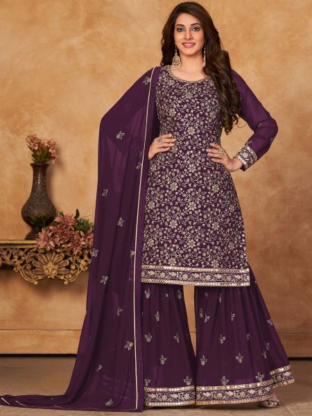 Purple Embroidered Georgette Pakistani Sharara Suit